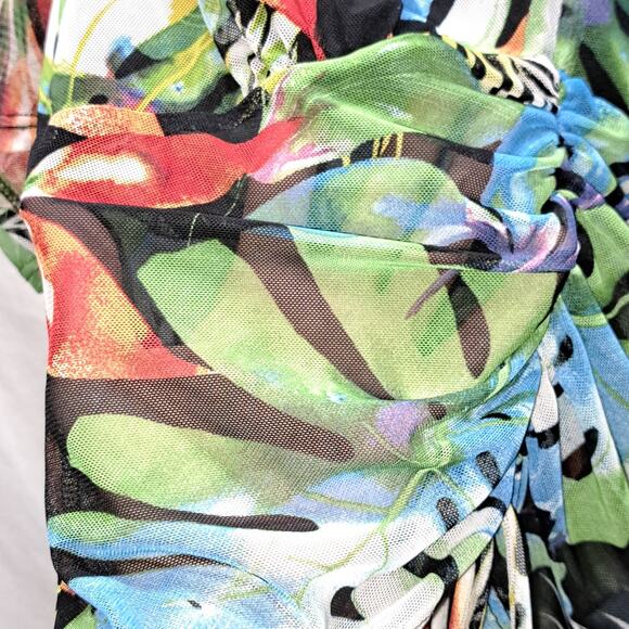 Touch Me sheer Multicolor Leaf pattern 1/2 Sleeve Ruched  Puff sleeve V-Neck LG - Picture 11 of 11